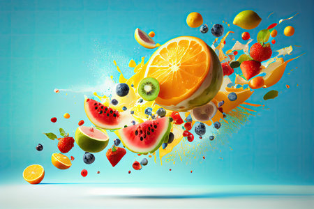 refreshing summer fruits splash flying in the empty blue sky, created with generative aiの素材