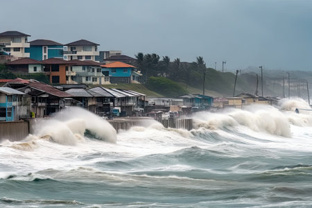 tsunami hits shoreline with massive wave, flooding the beach and nearby structures, created with generative aiの素材