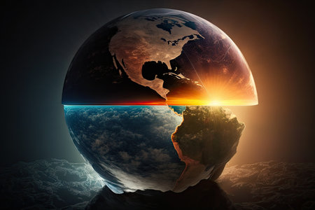 a dramatic sunrise over a globe, with rays of sunlight illuminating the continents., created with generative aiの素材
