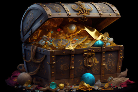 treasure chest overflowing with gold coins, jewels and other precious treasures, created with generative aiの素材
