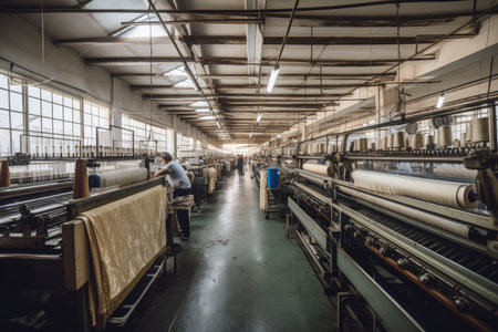 textile factory, with machines and workers producing high-quality fabric, created with generative aiの素材