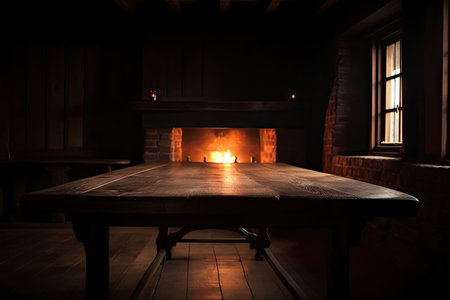the empty wooden table with a view of a cozy fireplace or an open fire, created with generative aiの素材