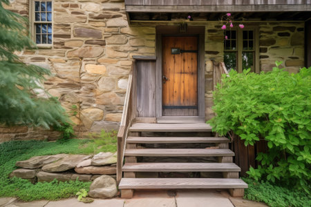 rustic entryway with wood door and stone steps leading to the house, created with generative aiの素材