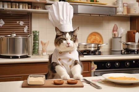 cat chef, whipping up delicious and nutritious meal for its feline friends, created with generative aiの素材