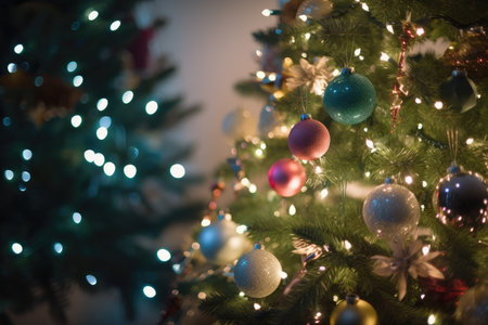 close-up of decorated christmas tree with lights and ornaments, created with generative aiの素材