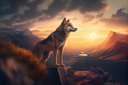 majestic wolf surveying the landscape, with mountain peaks and sunrises in the background, created with generative aiの素材