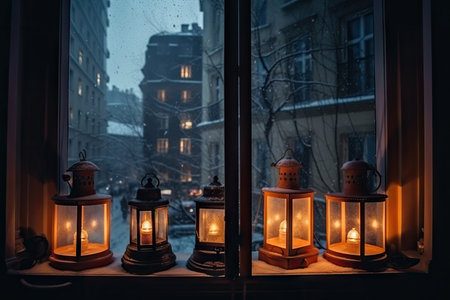 magical scene of lanterns in the snow on a window with view to the street, created with generative aiの素材