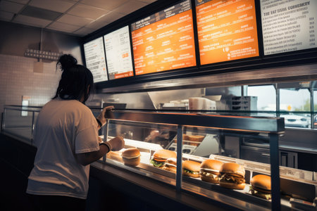 person, placing order for hot and fresh burger, with drive-thru window in the background, created with generative aiの素材