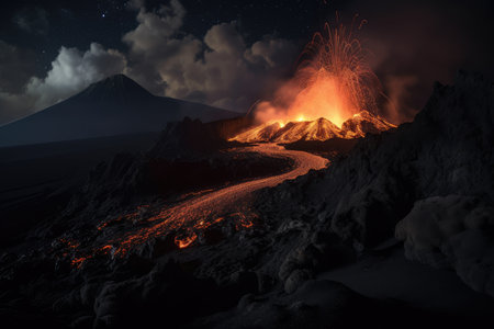 volcanic eruption at night, with lava flows illuminated by the moonlight, created with generative aiの素材