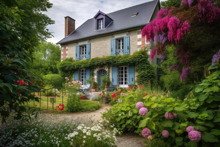 french country house exterior, surrounded by lush gardens and blooming flowers, created with generative aiの素材