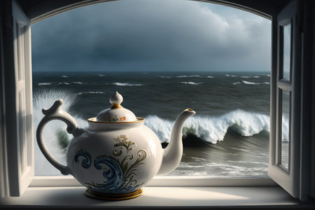 teapot on window sill, with view of the ocean and waves rolling in, created with generative aiの素材