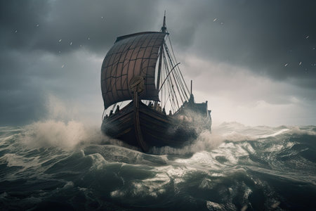 viking ship sailing through stormy waters, with waves crashing against the hull, created with generative aiの素材