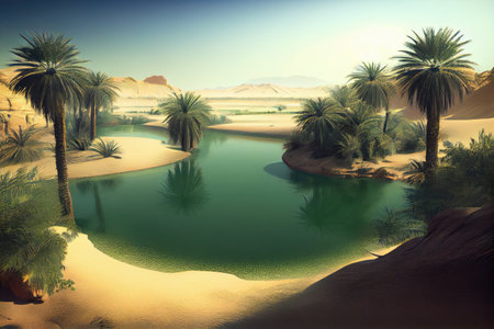 oasis with tranquil lagoon and palm trees, surrounded by endless desert, created with generative aiの素材
