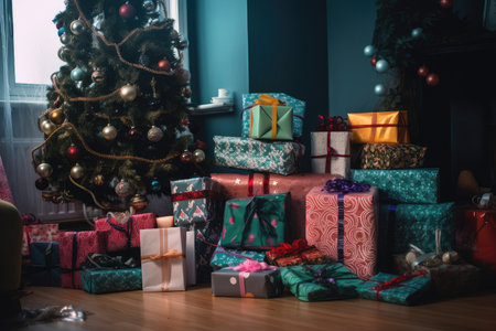 pile of gifts wrapped in different colors and shapes on the floor next to decorated tree, created with generative aiの素材