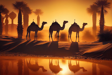 camels roaming oasis, with the sun setting in the background, created with generative aiの素材