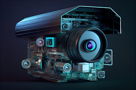 close-up of high-tech security camera, with its myriad of functions and features visible, created with generative aiの素材