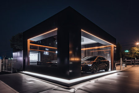 modern drive-thru restaurant with sleek design and interactive kiosks, created with generative aiの素材