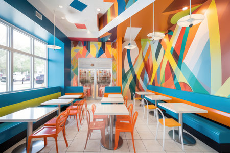 fast food restaurant with neon and retro signage, creating a fun and welcoming atmosphere, created with generative aiの素材