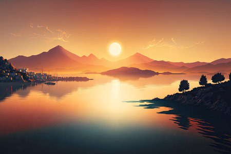 sunrise over the pristine waters of crete, with distant city skyline in the background, created with generative aiの素材