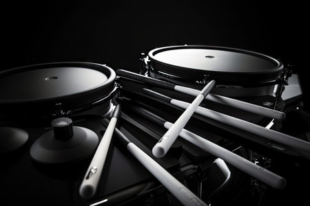 electronic drum sticks and drums with modern, sleek design in black and white, created with generative aiの素材