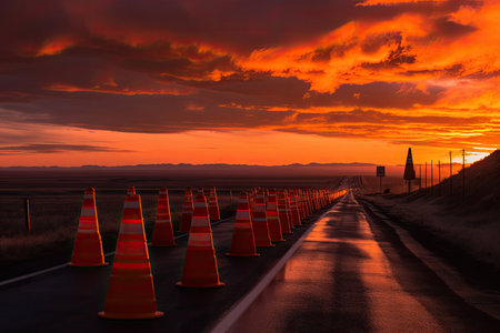 traffic cones in a stunning sunrise or sunset sky, created with generative aiの素材