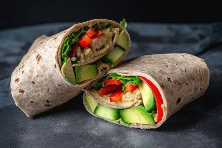 vegan wrap with hummus, cucumber, and red pepper on whole wheat tortilla, created with generative aiの素材