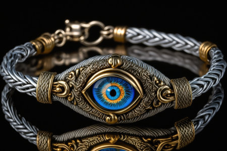 evil eye charm on a bracelet, with silver and gold accents, created with generative aiの素材