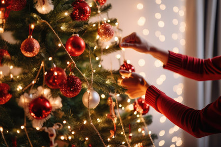 christmas tree being decorated with twinkling lights and ornaments, created with generative aiの素材