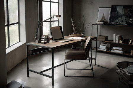 a sleek, minimalist desk in an industrial setting, created with generative aiの素材