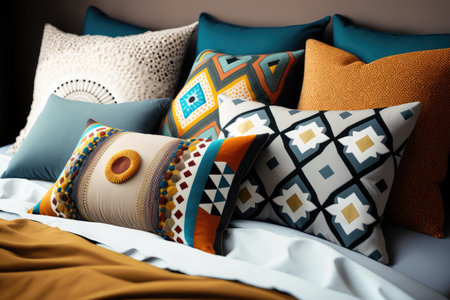 set of pillows with different patterns and colors on bed, generative aiの素材