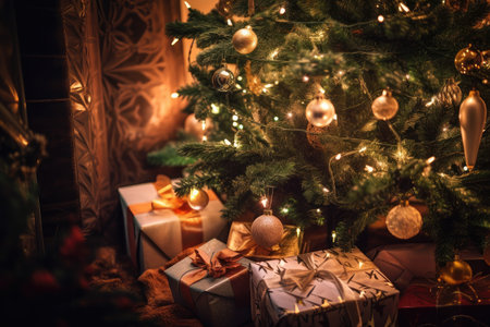 close-up of a beautifully decorated christmas tree, with presents underneath, created with generative aiの素材