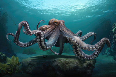 giant octopus kraken sitting in serene underwater landscape, tentacles resting on the seafloor, created with generative aiの素材