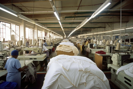 textile factory, with busy machines and workers creating new fabrics, created with generative aiの素材