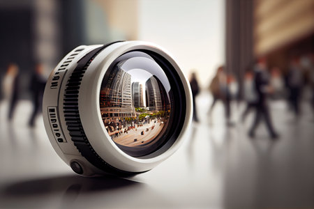 close-up of security camera lens, with view of busy office in the background, created with generative aiの素材