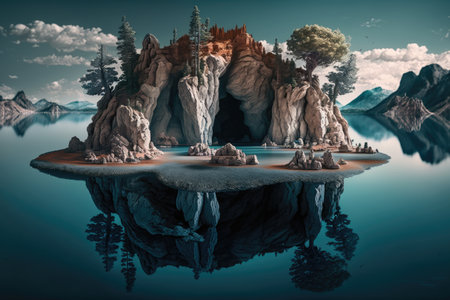 a surreal float island in the middle of a lake, with natural rock formations and trees growing on it., created with generative aiの素材