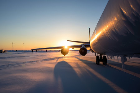 aircraft on a cold, clear winter morning, with the sun rising over the horizon, created with generative aiの素材