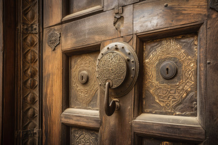 old wooden door with antique brass handle and intricate design, created with generative aiの素材
