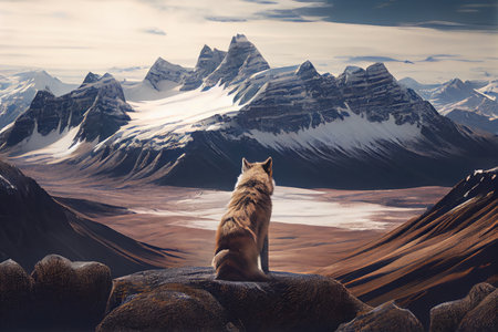 view from the top of a mountain, with snow-capped peaks in the background and wolf sitting on its haunches, created with generative aiの素材