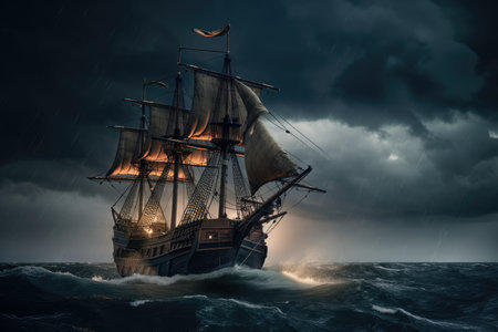 pirate ship sailing through stormy seas, with lightning and thunder in the background, created with generative aiの素材