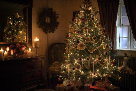 a vintage-style tree, with traditional ornaments and warm lights, adds a touch of nostalgia to the holiday season, created with generative aiの素材