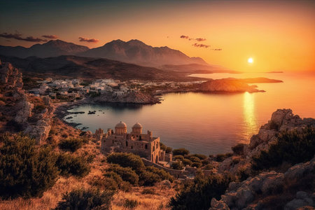 sunrise over the coastline of crete with the city in the background, created with generative aiの素材