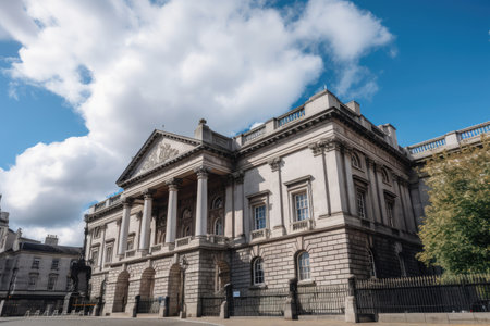 classical and historical building, with bright blue sky and fluffy clouds above, created with generative aiの素材