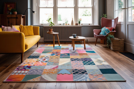 colourful and geometric rug on wooden floor in traditional home, created with generative aiの素材