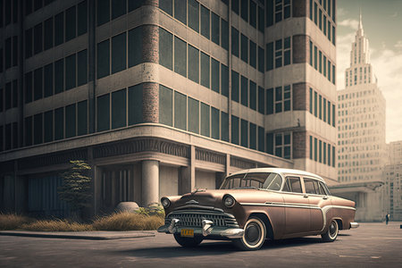 vintage car parked in front of modern office building, with view of the city skyline visible in the background, created with generative aiの素材