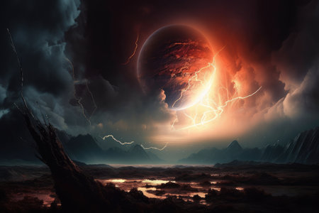 view of distant exoplanet with stormy atmosphere, clouds and lightning, created with generative aiの素材