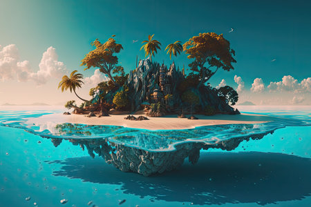 a surreal float island with a palm tree-lined beach and crystal-clear water, surrounded by the azure ocean, created with generative aiの素材