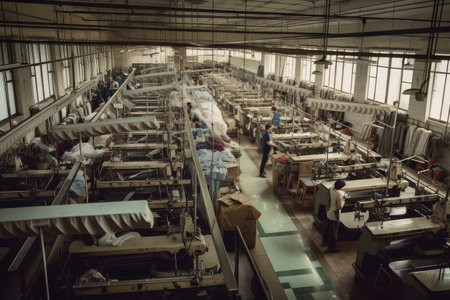 textile factory, with dozens of machines in motion and workers in their designated roles, created with generative aiの素材