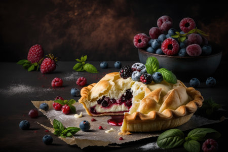 sweet homemade berry cheese pastries tyrolean pie on dark background, created with generative aiの素材