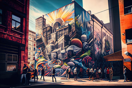 graffiti art mural depicting a bustling city center, with buildings and people in the background, created with generative aiの素材