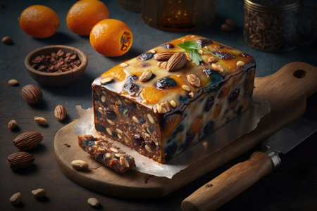 fruit cake in rectangular shape with glaze and nuts on table, created with generative aiの素材